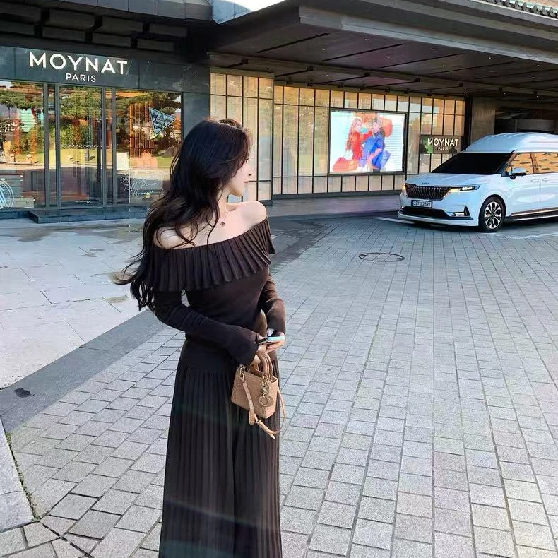 韩女轻法式高密高支一字肩百褶元素毛衣上衣+阔腿裙裤温柔风套装