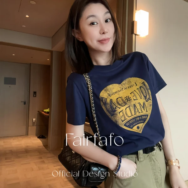 【复古英文爱心印花短袖】TXCL55283潮流舒适夏季新款短袖