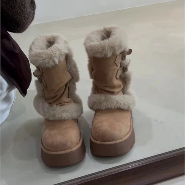 厚底毛毛雪地靴女2025冬季新款圆头羊羔毛加绒保暖防滑东北短靴子
