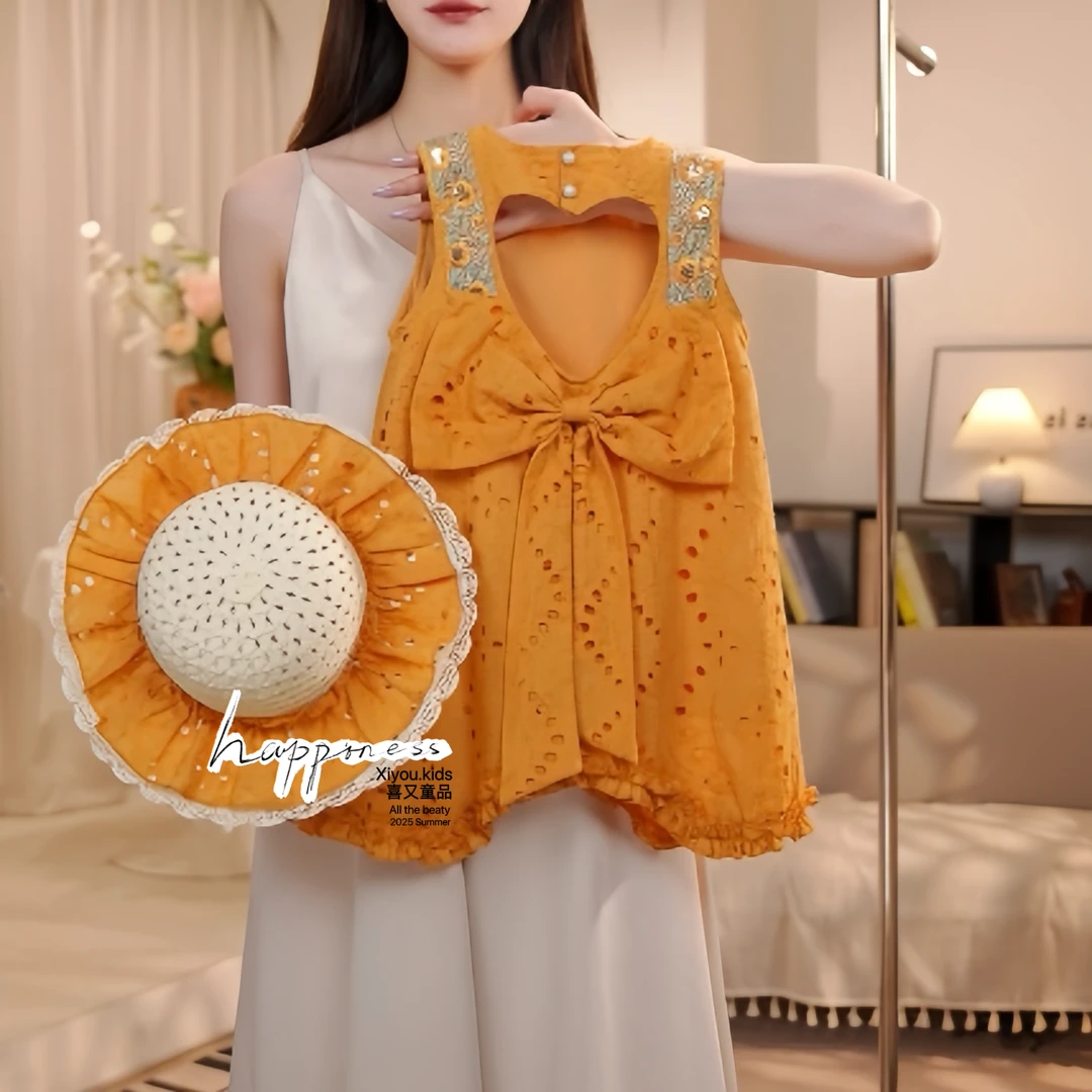 沁黄 2025年夏季女童新款民族风绣花无袖背心裙公主连衣裙 25283