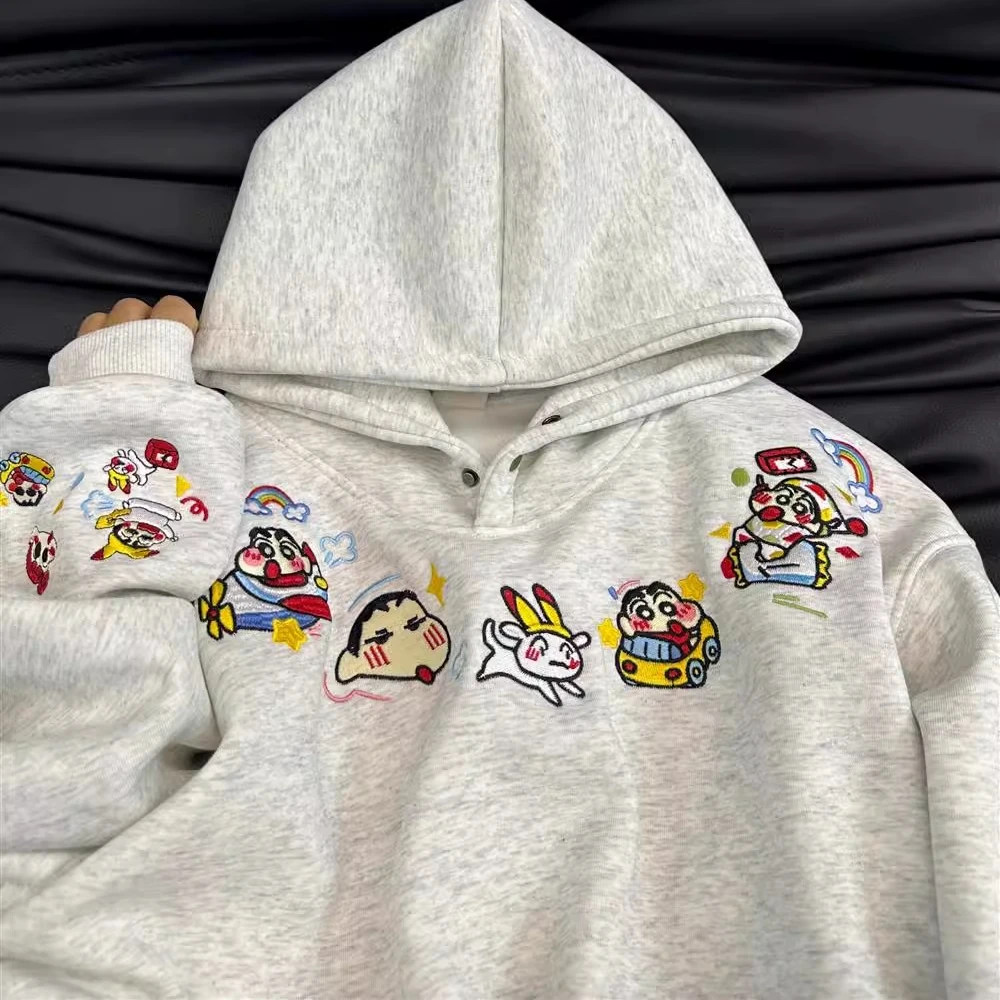 可爱卡通蜡笔小新刺绣连帽卫衣男女秋冬季情侣款加绒百搭帽衫上衣