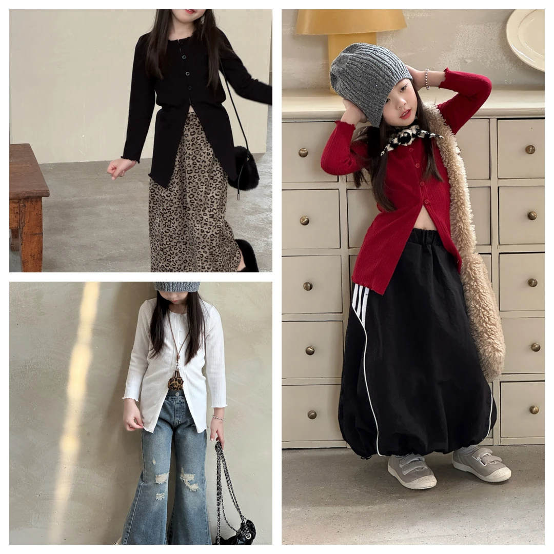 2025女童秋季针织开衫上衣儿童韩版气质开叉打底衫长袖百搭T恤