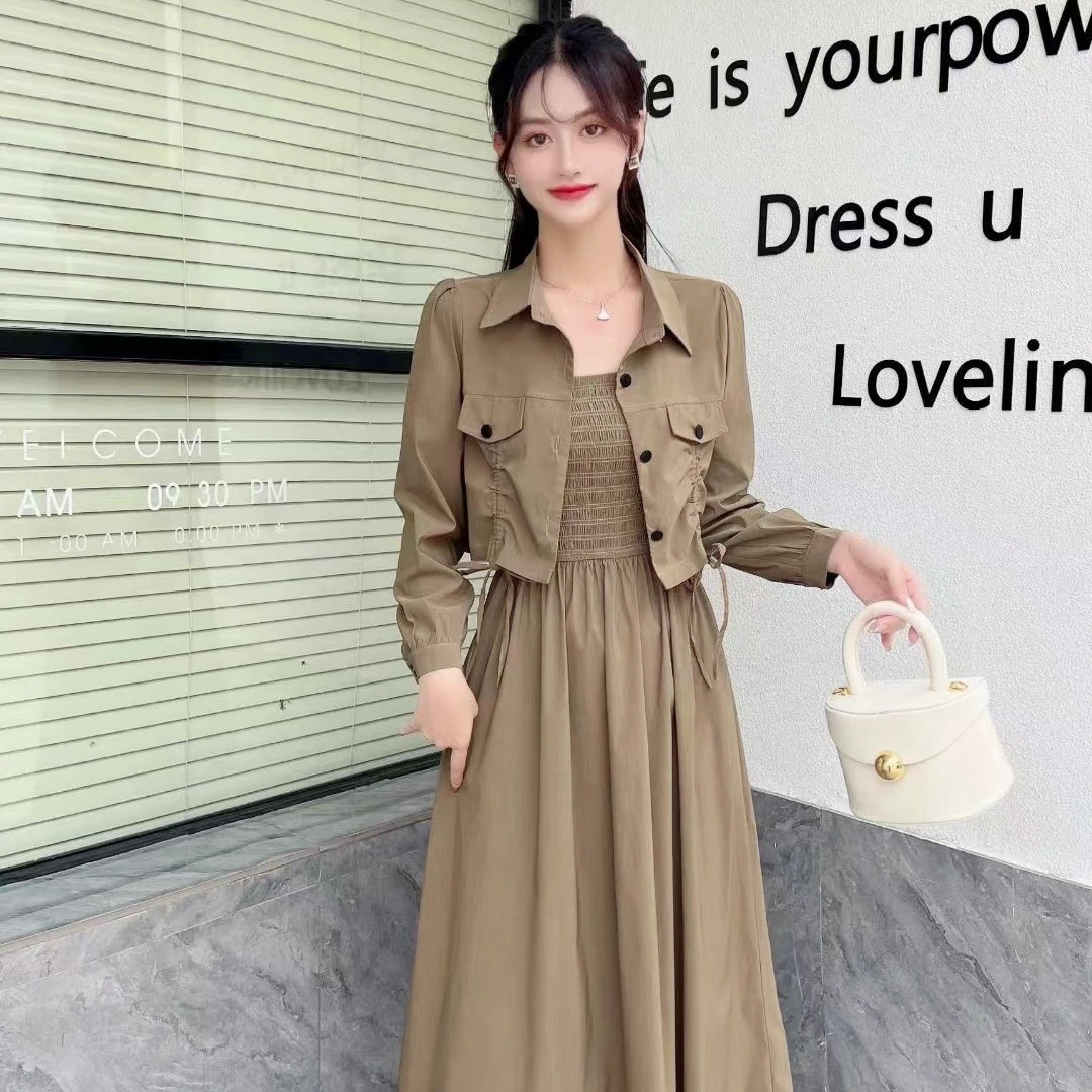 【芊朵 】高级感复古洋气减龄抽绳设计短款外套收腰吊带连衣裙套装
