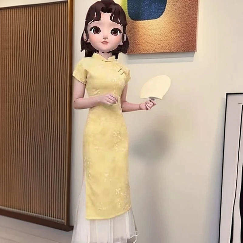 0253 【夕岚】黄色 连肩袖 小桃花植绒 旗袍【没有裙子】