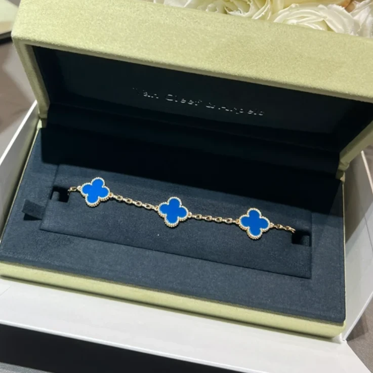 99新 梵克雅宝 大头活动  中号 五花 蓝 手链 新扣