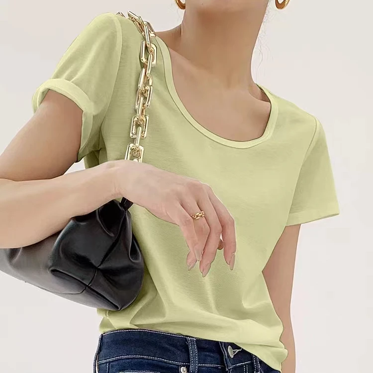【优纳】60S老钱风丝光亚麻天丝冷皮空气简约女神U领显瘦短袖T恤女