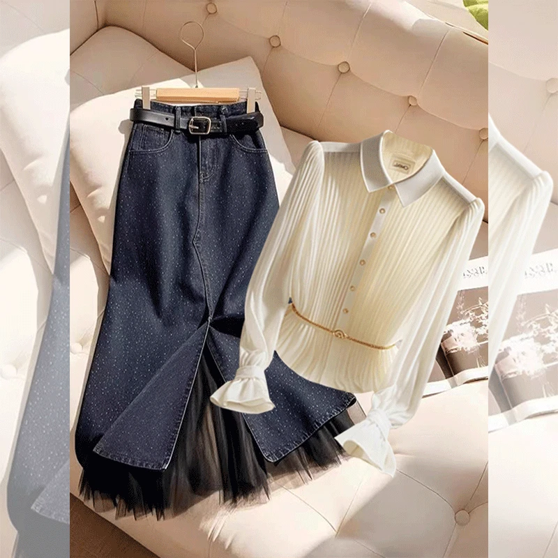 设计感网纱拼接半身裙女款2025春季新款a字裙时尚百搭超好看套装