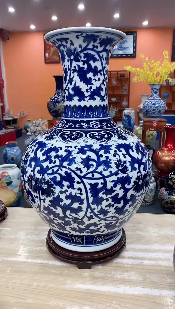摆件河****饰客厅电视柜摆件手绘大号青花富贵莲赏瓶