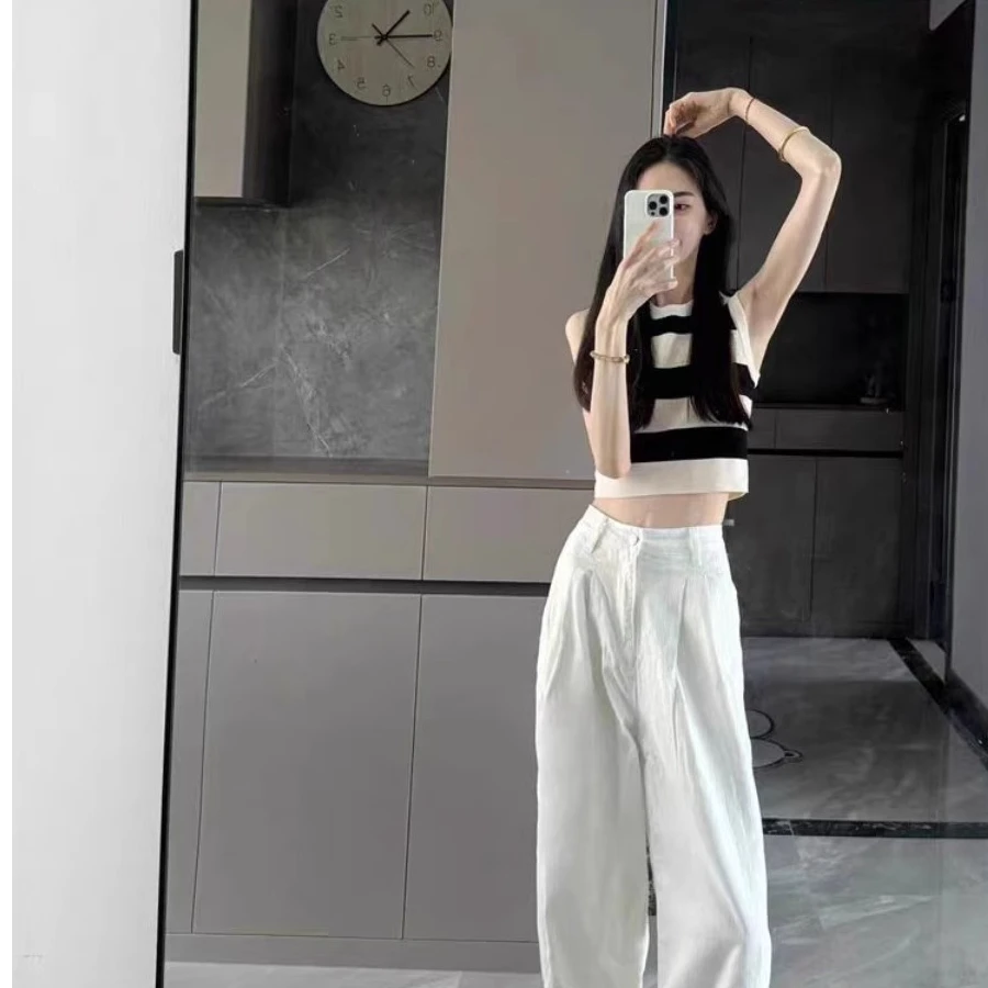 高级感撞色无袖针织条纹背心女夏季短款甜辣设计感小众圆领上衣