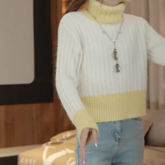 【Jason colors】秋冬新款撞色领口袖口毛针织衫设计感显瘦毛衣高领