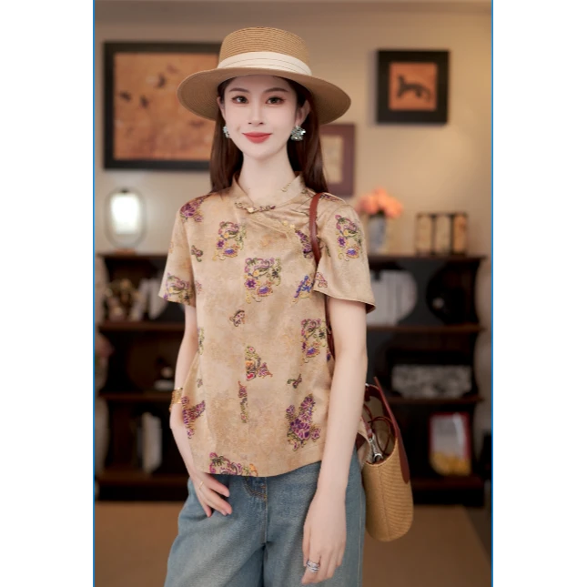 仫赐【云熙】新中式国风提花盘扣衬衫2025夏新款禅意上衣MCGSY1169