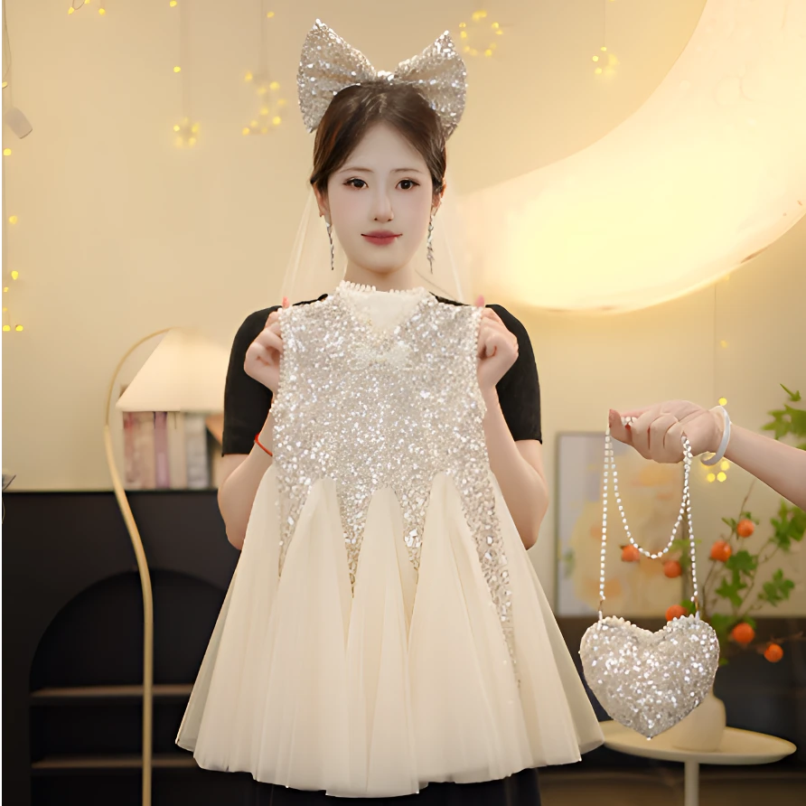 【MB云纱仙裙】女童2025轻奢亮银宴会礼服裙夏季新款立体连衣裙洋气