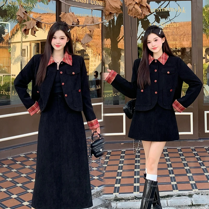 韩系拼接格纹长袖外套长短半身裙搭配时尚2025秋装新款胖mm大码女