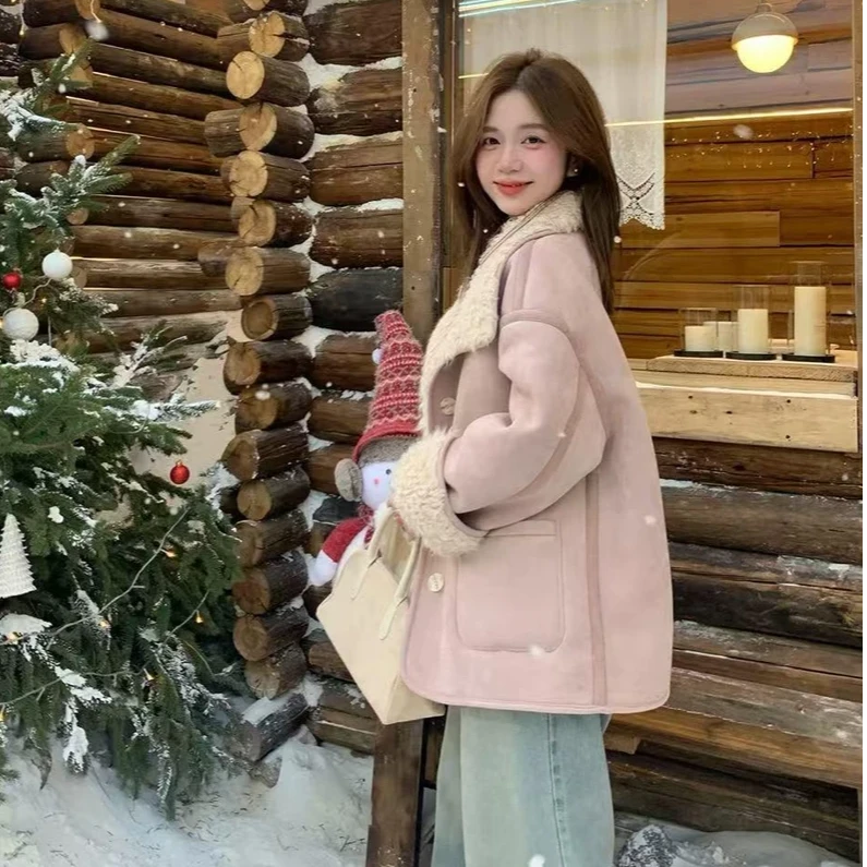 法式甜美气质皮毛一体短外套女装2024冬季新款时尚双面穿毛绒上衣