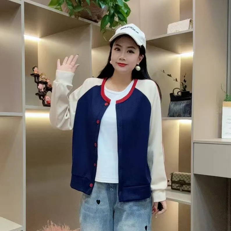 秋季外套-勾 2588秋季大码宽松拼色休闲运动风百搭减龄棒球服外套