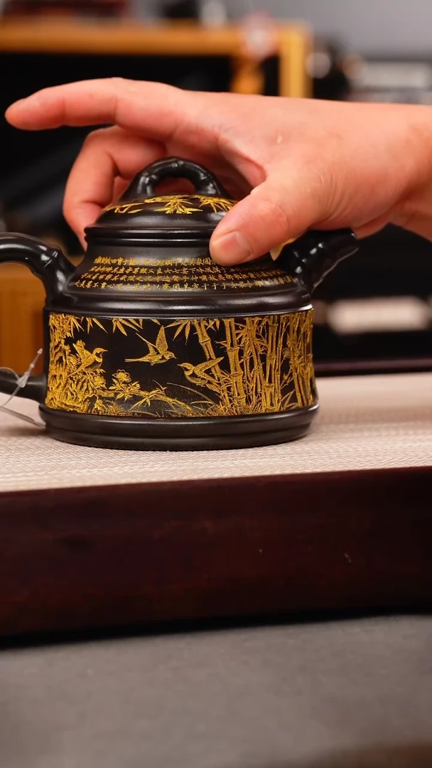 茶壶紫砂石黄 竹鼎 燕子图 描金