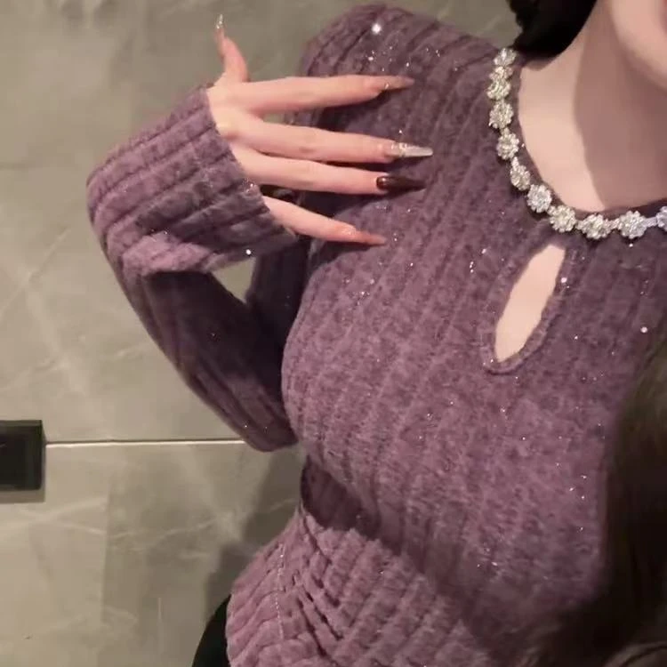 路姐女裤~2025新款春秋法式小香风重工水钻领镂空磨毛绒针织上衣