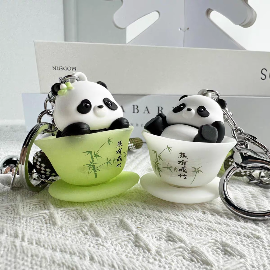 熊猫花花钥匙扣盖碗茶2025年新款原创女精致书包挂饰钥匙链男挂件