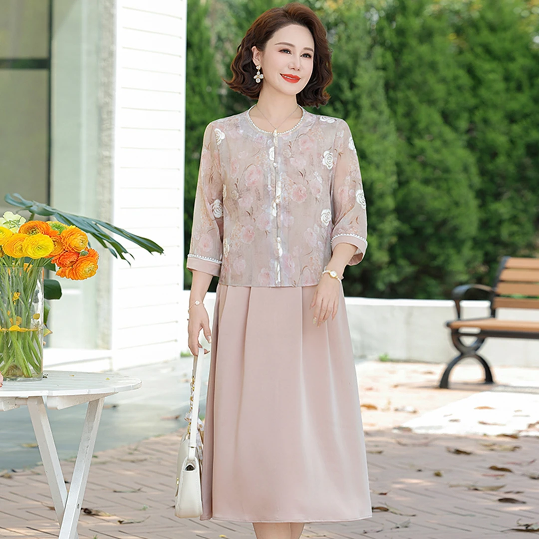 贵夫人妈妈夏装连衣裙2025新款洋气雪纺套装中老年夏季气质裙子女