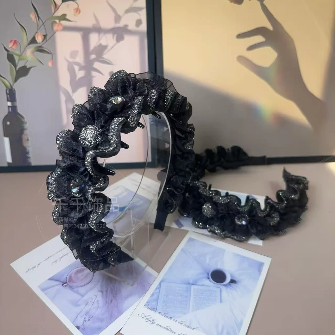 韩版双层倒齿柔软泡泡纱百搭手工镶钻气质减龄加大版发箍T0918