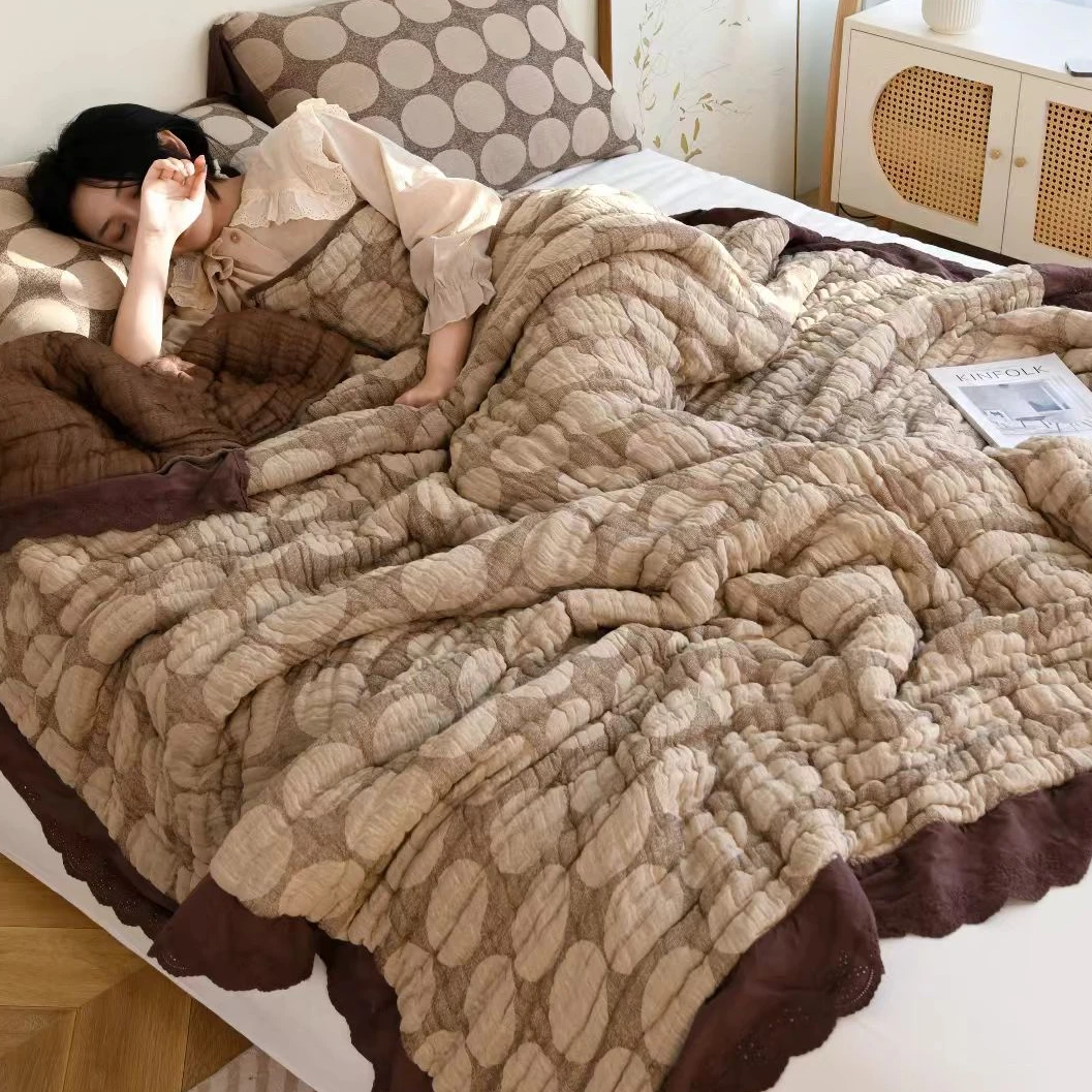 WY(温阳纺织）法式复古美学十层精梳重纱 大波点咖色森氧被床品