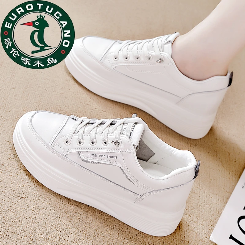 欧伦啄木鸟拼色小白鞋2025春秋百搭踩屎感板鞋厚底增高时尚运动鞋