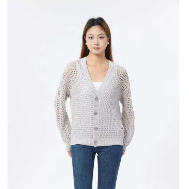 AMASS/阿玛施 春夏慵懒夏日深V亚麻V领网格长袖针织开衫女548008