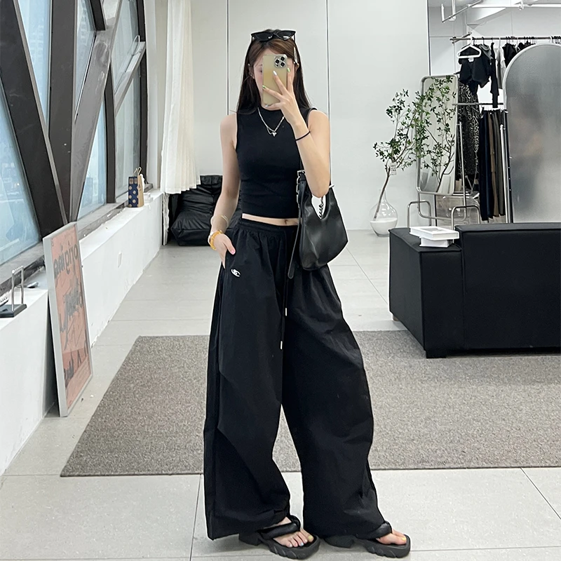 夏季速干纯色降落伞工装裤松紧腰抽绳宽松皱褶美式工装长裤