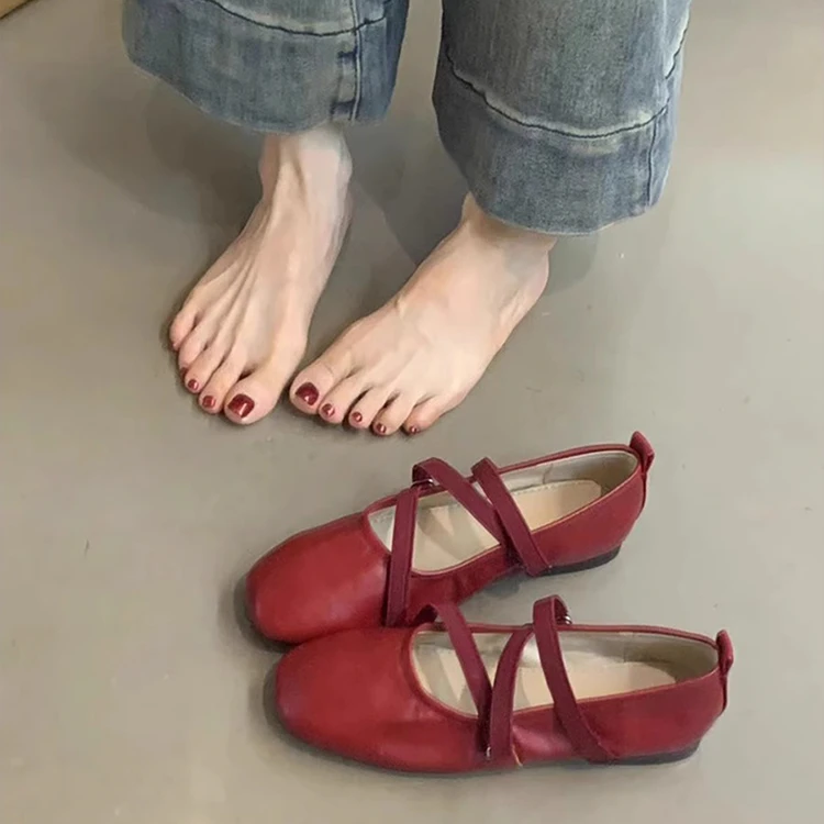 红色玛丽珍女鞋法式交叉带单鞋女2025新款晚晚风芭蕾舞鞋