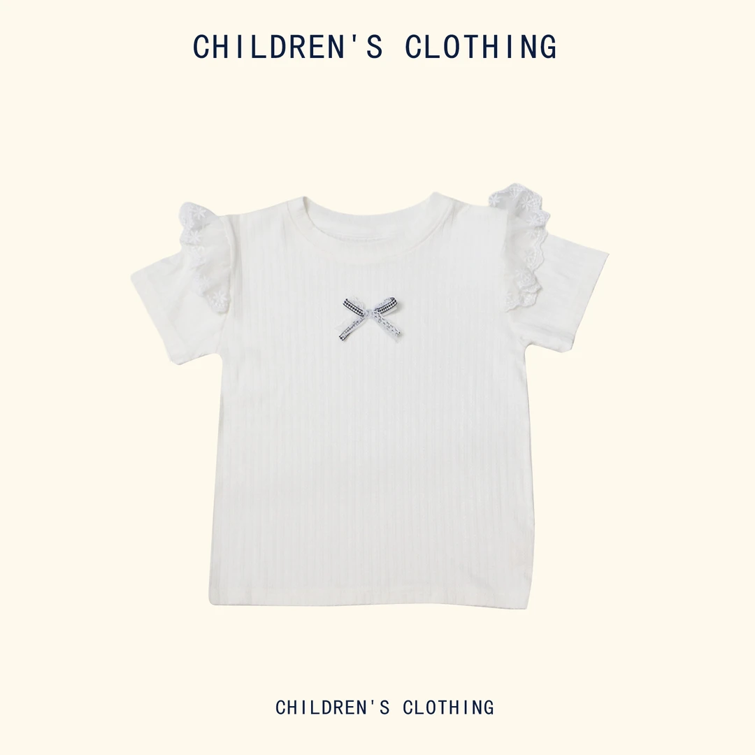 女童洋气纯色圆领蝴蝶结百搭休闲短袖T恤88863