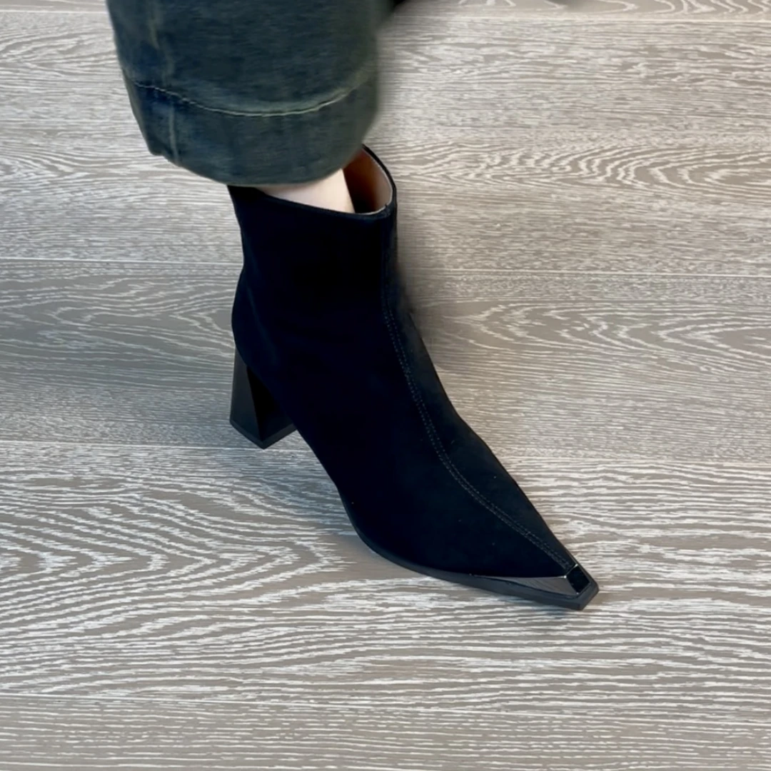 7CM羊反皮不累脚高跟靴气质冬季高跟粗跟女鞋方头时尚时装靴女鞋