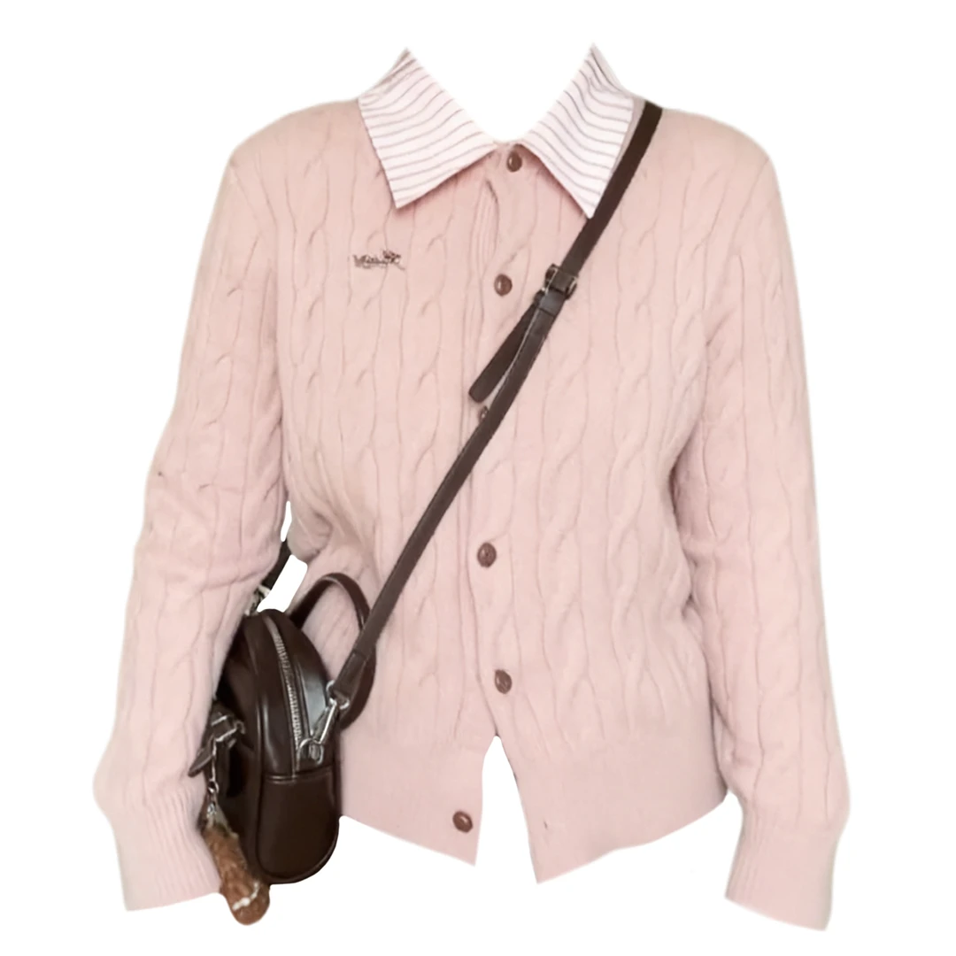 大码胖MM麻花针织开衫女秋冬季长袖粉色毛衣外套通勤百搭显瘦上衣