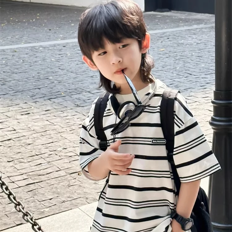 【重磅32支色织条纹 】2025夏款中大童洋气上衣帅气男孩韩版宽松