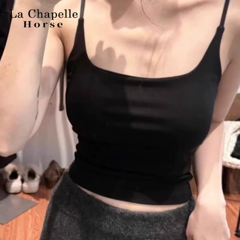 拉夏贝尔女士黑色吊带女秋夏季内搭无胸垫美背修身背心內衣打底衫