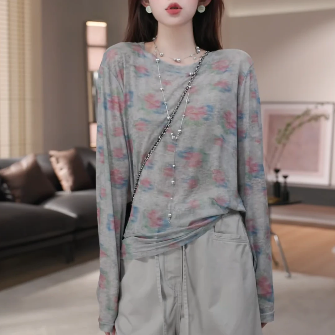 夏季新款花花长袖薄款时尚百搭休闲洋气T恤防晒上衣LK2505120