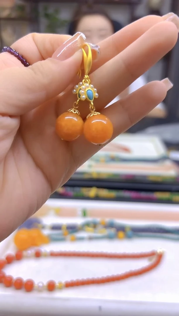 和田玉（糖玉）14K金镶嵌耳饰DIY款E476