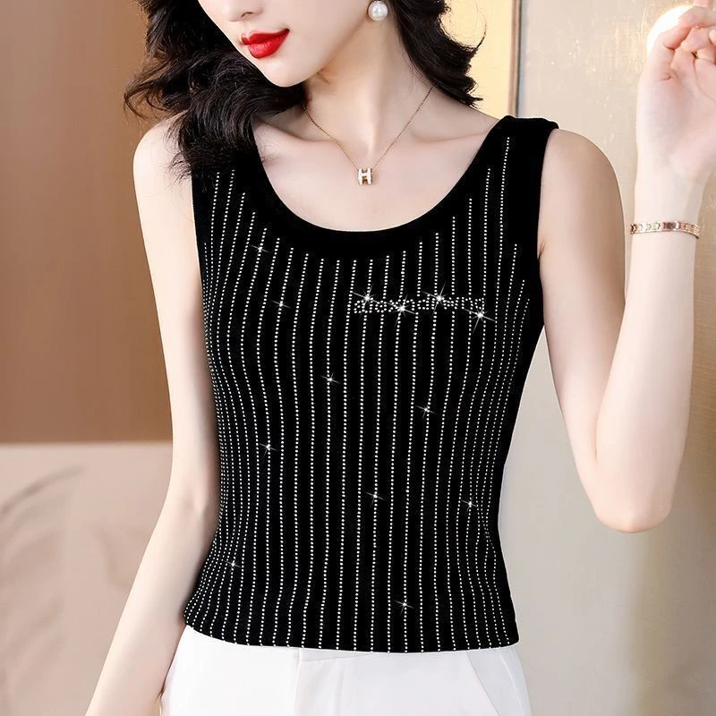 【七彩竖条钻】#时尚百搭无袖背心亮钻t恤女装夏修身打底衫显瘦