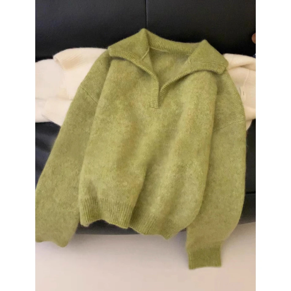 韩系翻领绿色宽松针织衫毛衣女时尚休闲慵懒软糯秋冬百搭上衣