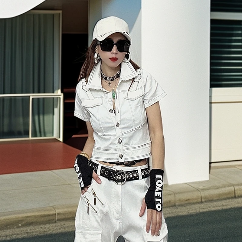 欧货潮牌薄款透气2025年夏季白色短袖百搭方领短外套个性修身上衣