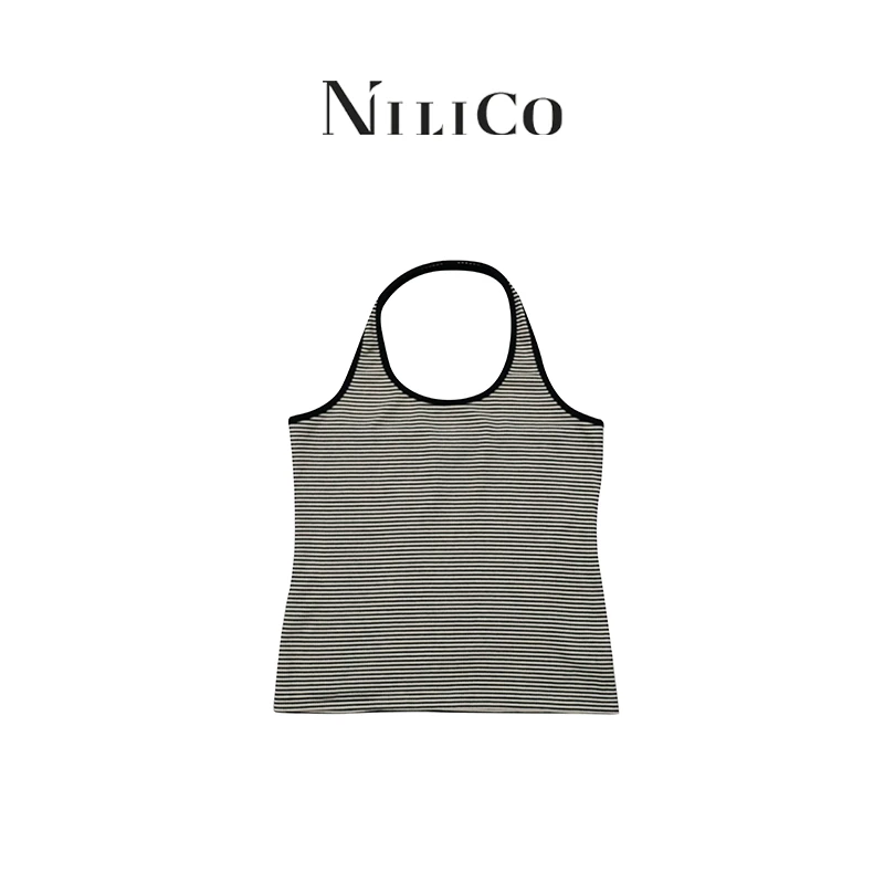 NILICO【时髦焦点】挂脖条纹U领高弹修身显瘦背心