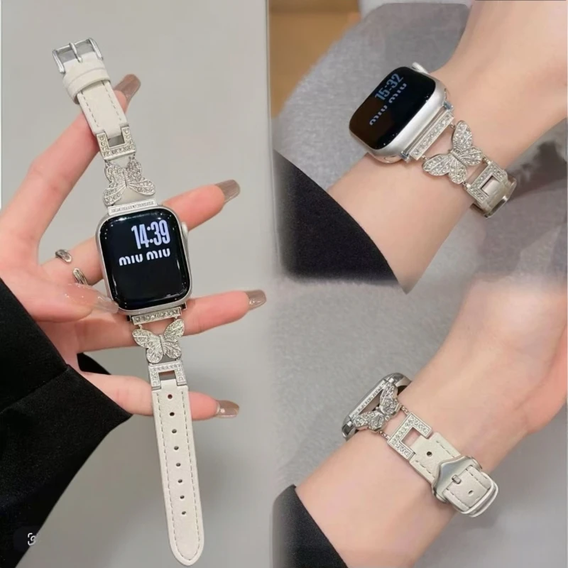 新款镶钻蝴蝶拼接真皮表带适用Applewatch10苹果手表s9iwatch87se