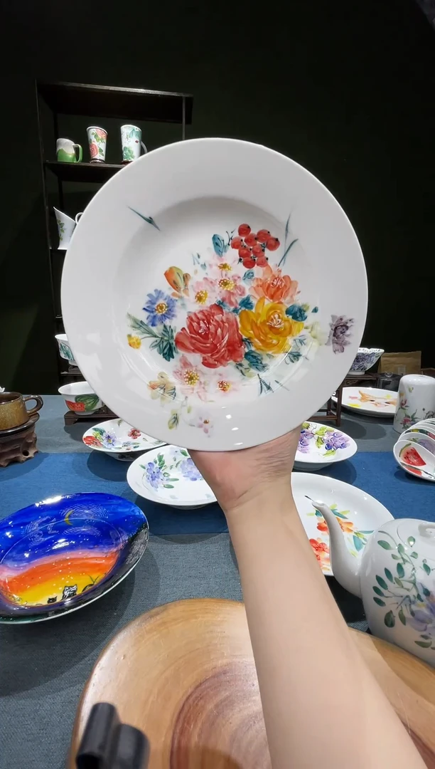 盘景德镇高温釉下彩8英寸官窑汤盘莫奈大花