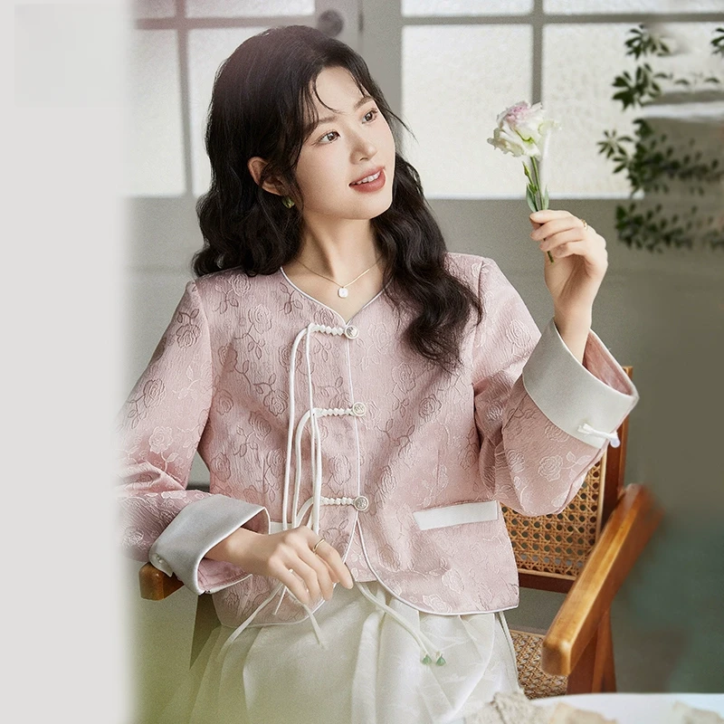 禾许新中式国风粉色短外套女2024秋季新款别致设计感小众盘扣上衣