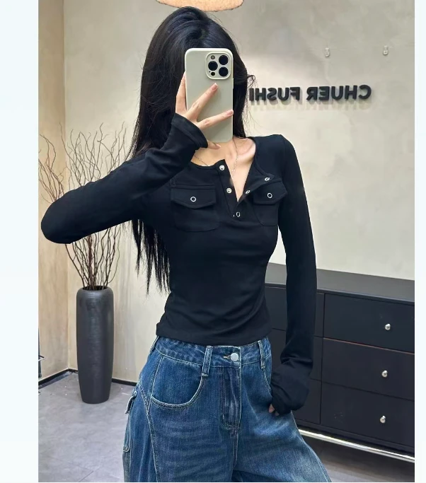 1045款松弛百搭长袖双口袋设计正肩秋季显瘦上衣女修身网红