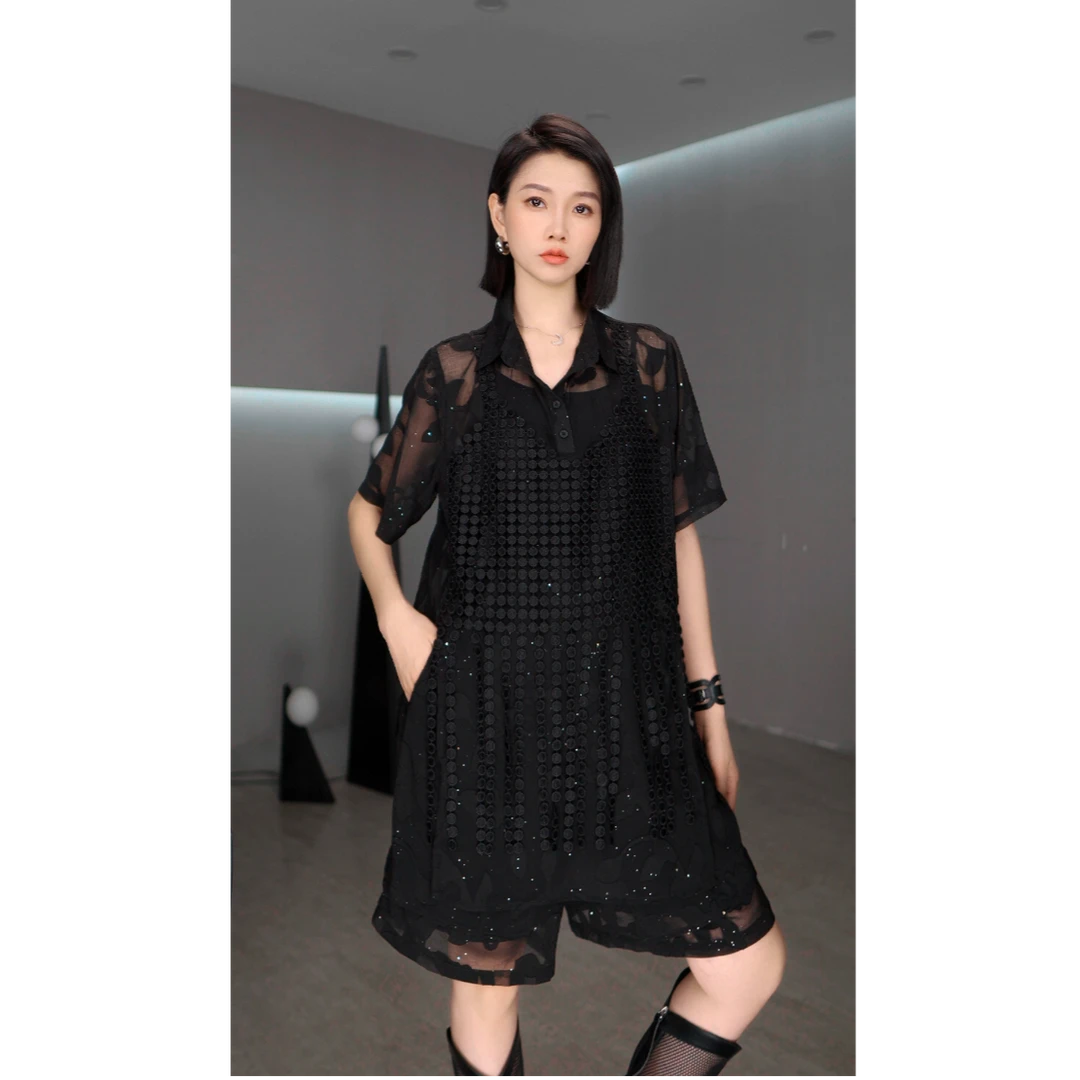 鑫鑫2025夏季新款套装假两件流苏衬衫+散粉短裤两件套4057