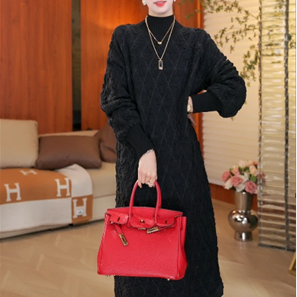 春夏新款重磅【繁星】高级宽松秋冬保暖时尚气质洋气连衣裙-1113#M