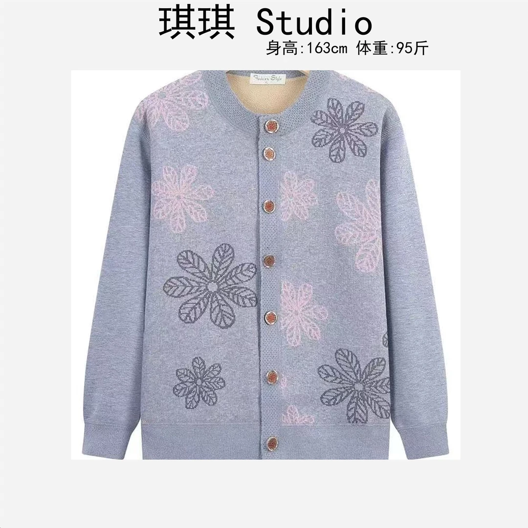 冬季新款洋气时尚圆领单排扣妈妈装拼色花朵显瘦减龄外套22915-J