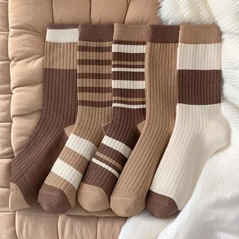 【5双袜子】秋冬美拉德色系女百搭堆堆袜学院风棕色系中筒袜短袜女