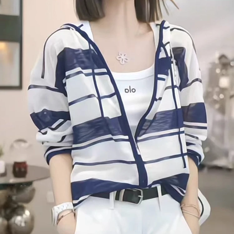 设计感条纹撞色连帽外套女2025夏季新款韩版百搭防晒罩衫上衣3627