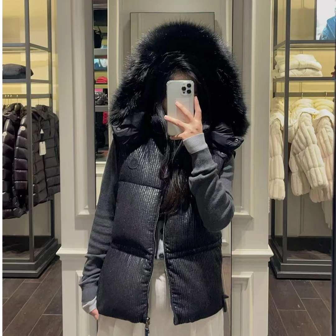 未使用 MONCLER /六六/mergule 女款黑色毛领羽绒马甲